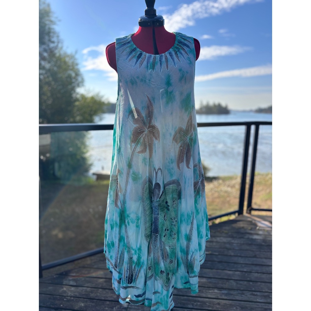 IN Gear cover up dress women OS teal tie dye palm tree butterfly sharkbite hem